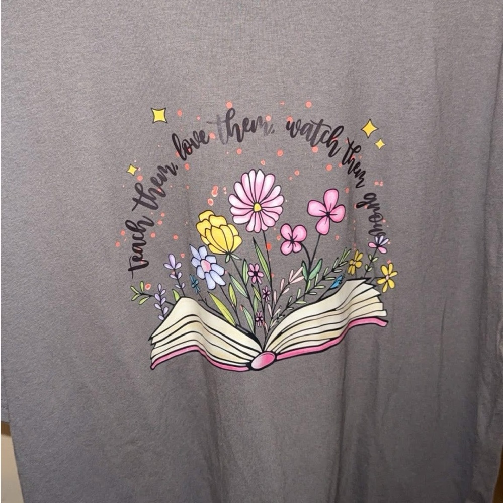Gray Graphic Tee with Floral Book Design